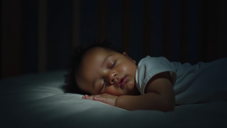 Bebê dormindo em paz no berço em um quarto de bebê escuro e calmo.